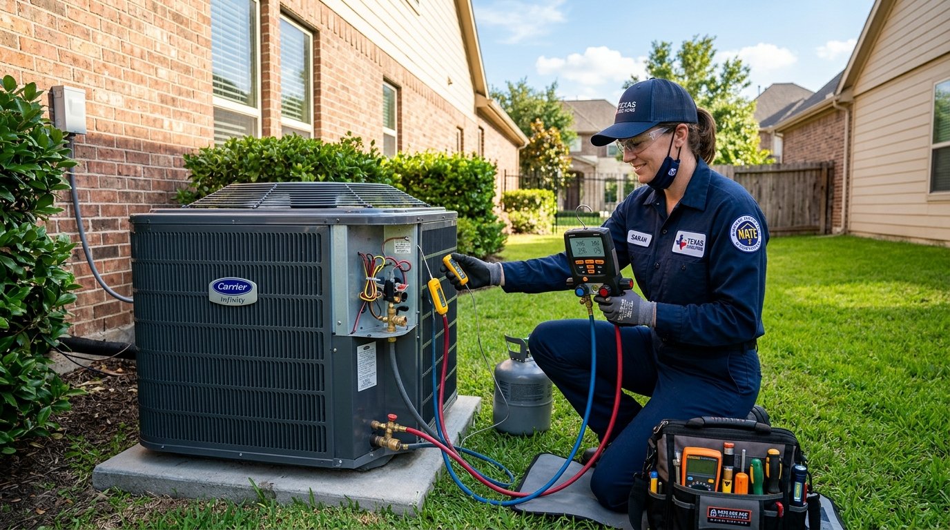 HVAC technician inspecting AC unit blowing warm air in Plano TX