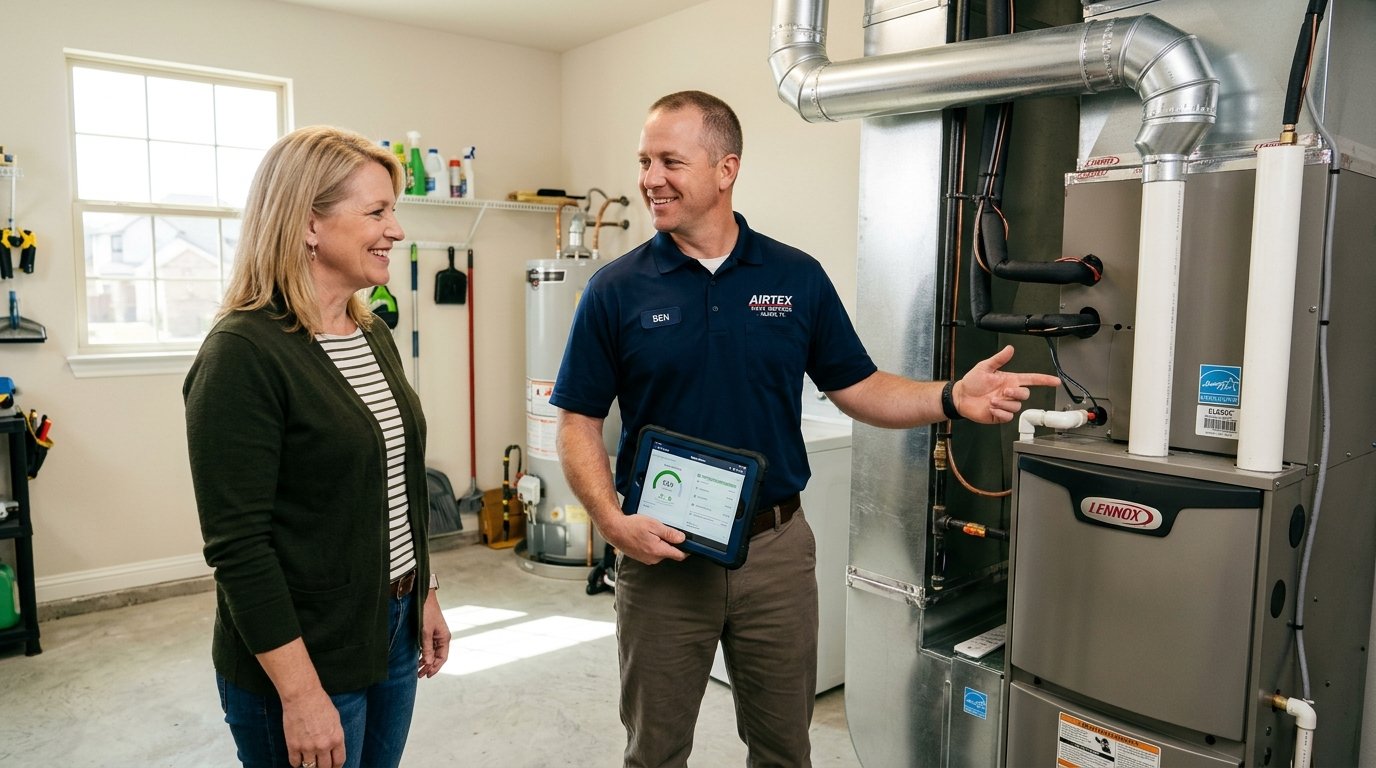 Certified HVAC Technician Inspecting Home Heating and AC in Allen TX