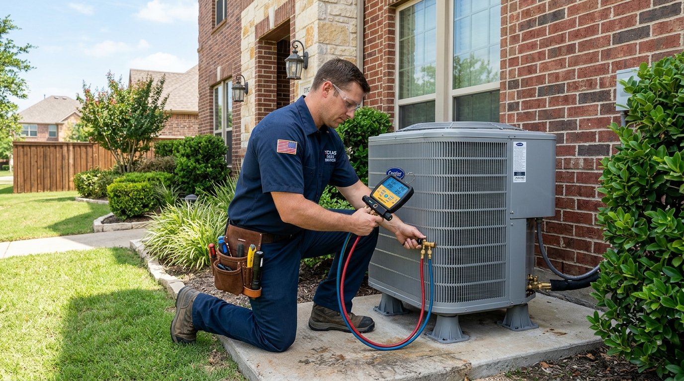 Licensed HVAC Technician Servicing Outdoor AC Condenser in Frisco TX